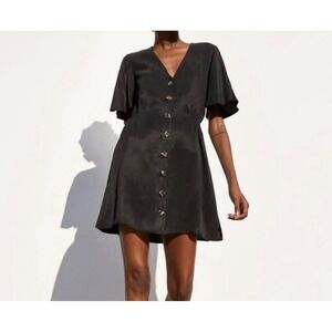 Zara Black V-Neck Button-Up Short Sleeve Mini Dress - Women's Large